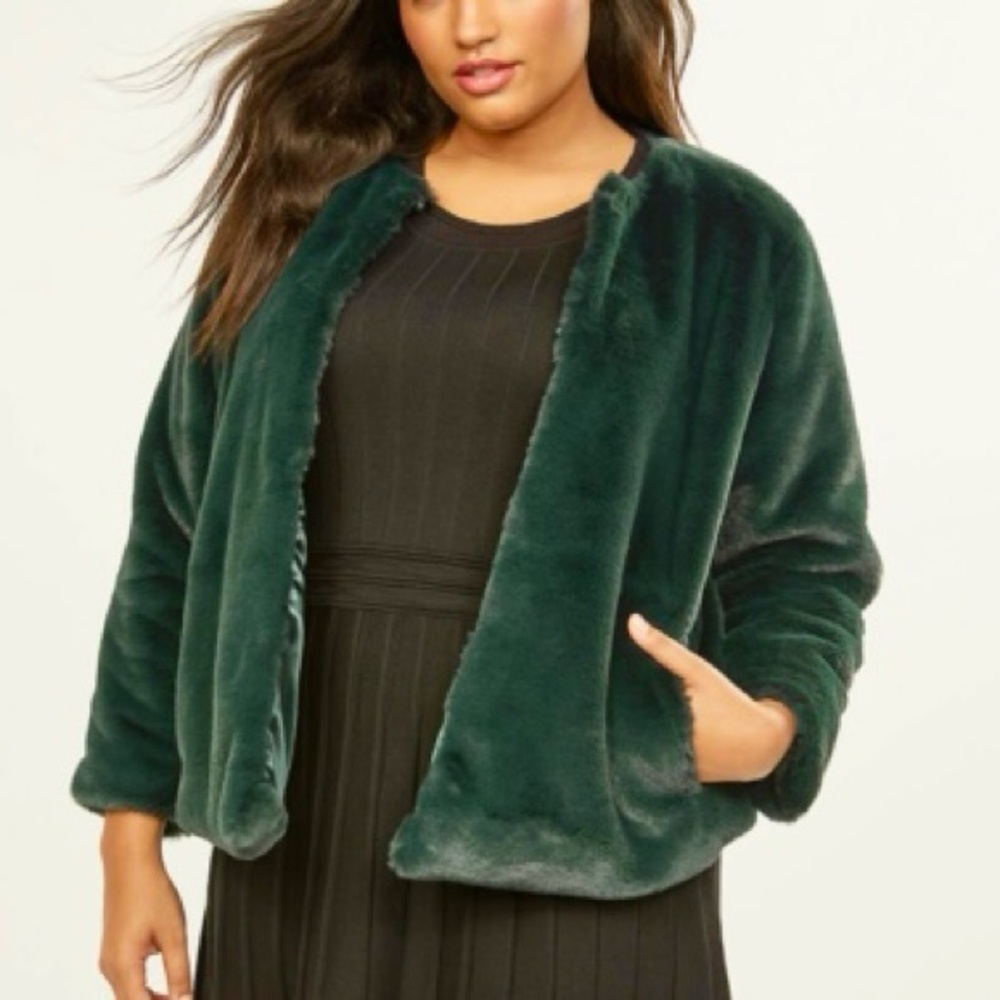 Knapp Studio Green Faux Fur Zip Up Jacket Plus Size 2X